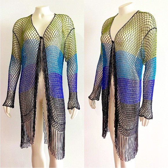 CHICO’S Vintage Beaded Fringe Cover up kimono‎ for festivals concert outfits Y2K